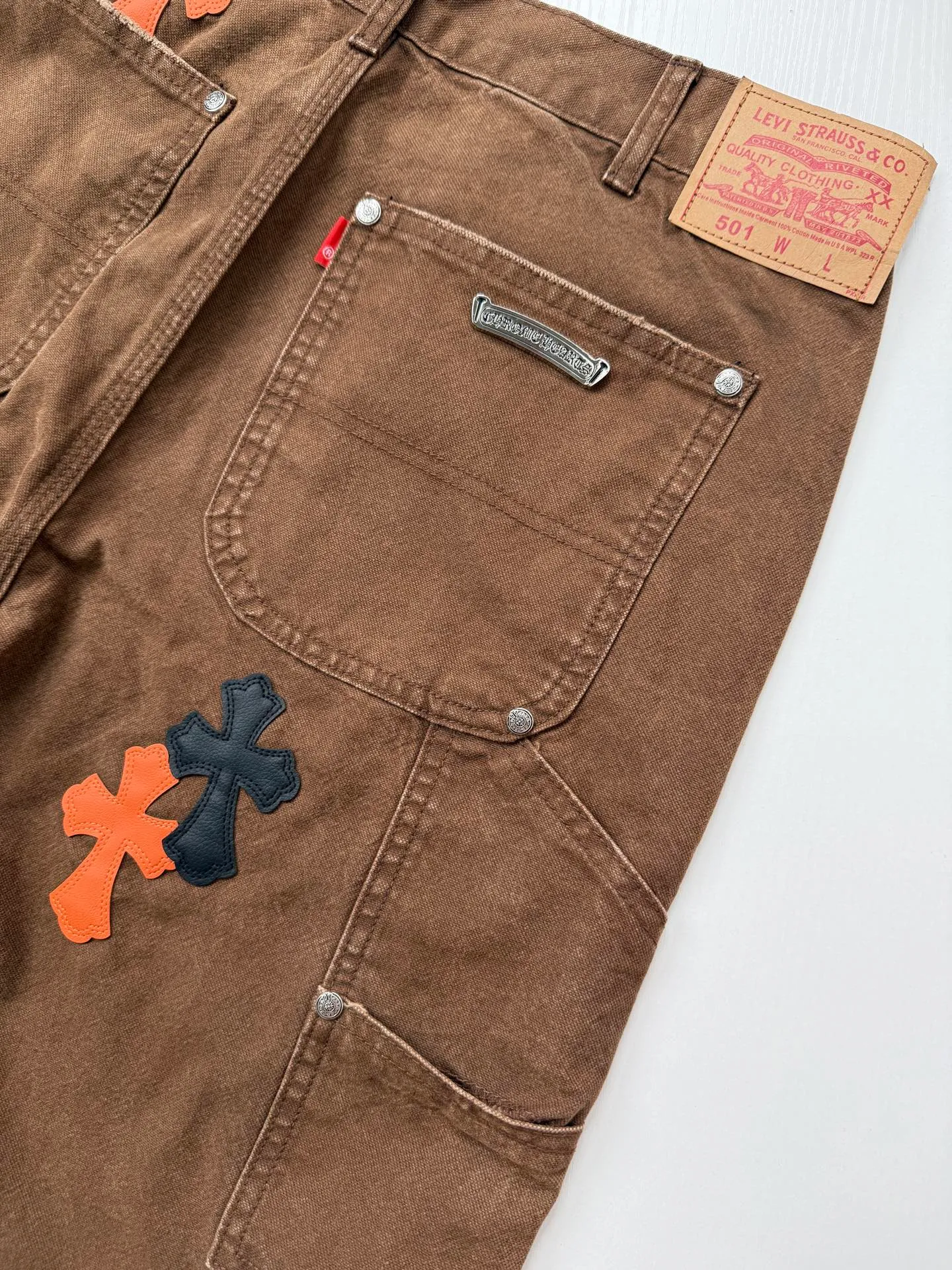 Chrome Heart Canvas ， Brown ， ， Orange+Black Genuine Leather ， ， ， ， ； 、 、 1:1 Size：28/30/32/34/36